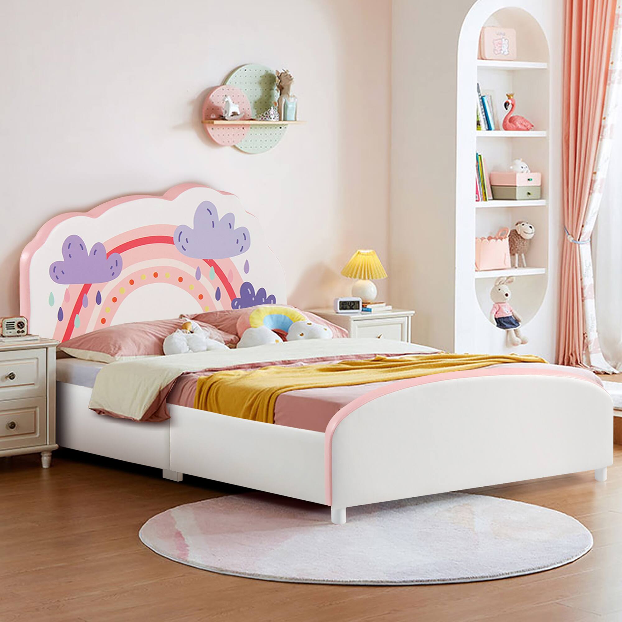 Alt View 1. Costway - Costway Kids Upholstered Platform Bed Children Twin Size Wooden Bed Rainbow Pattern - White.