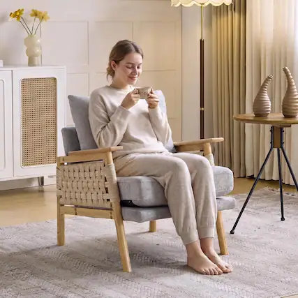 Front. Winado - Boho Rattan Braided Chenille Accent Chair with Solid Wood, Wide Armrests,with Lumbar Pillow & Rope Arms for Living Room - Gray Beige.