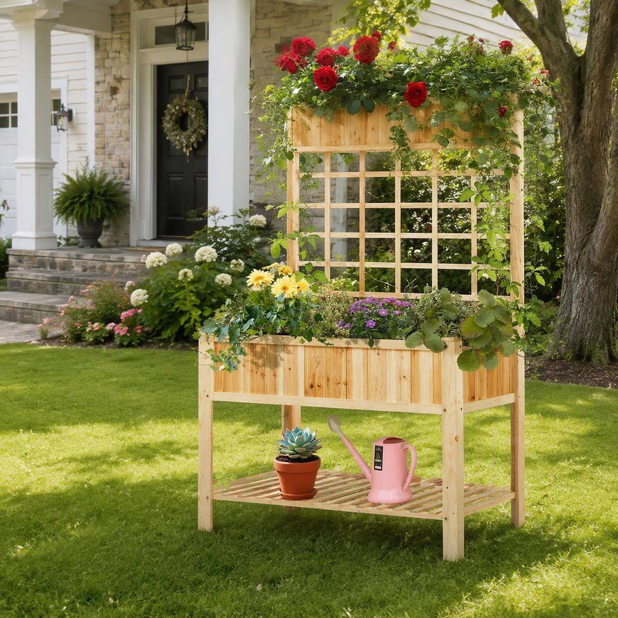 Alt View 1. RYHNUYNE - Wooden Raised Garden Bed with Stand, Elevated Planter Box with Storage Shelf for Patio, Balcony, Backyard - Natural.