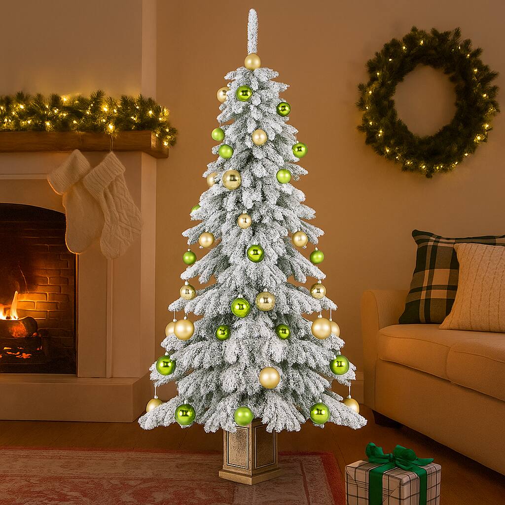 Angle. BreeBe - 6FT Artificial Snow Flocked Tree – 589 Tips with 48 Red & Gold Xmas Balls - White.