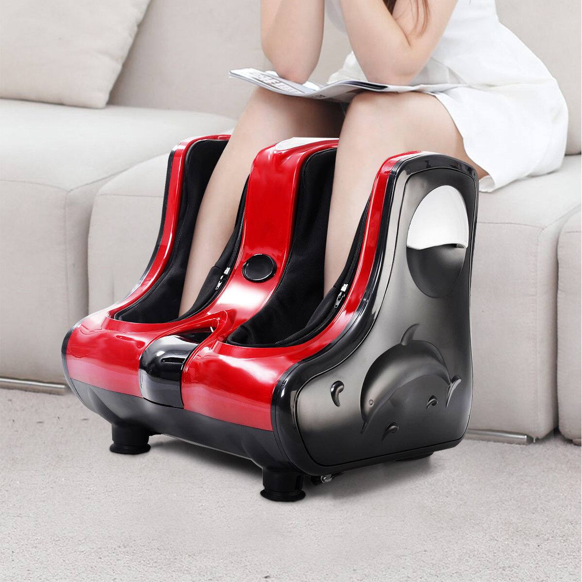 Left. Costway - Shiatsu Kneading Rolling Vibration Heating Foot Calf Leg Massager - Red/Black.
