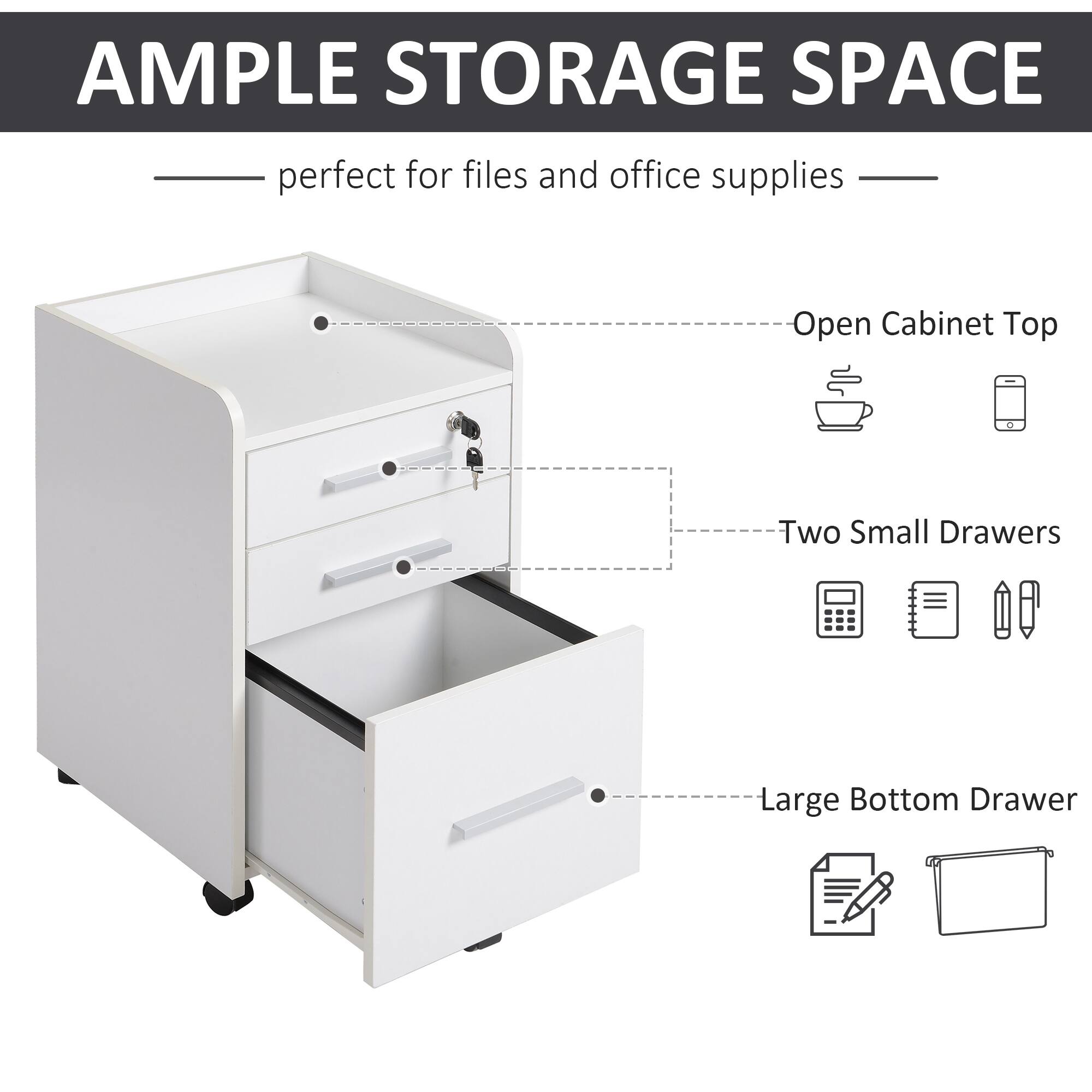 AMPLE STORAGE SPACE perfect for files and office supplies

- Open Cabinet Top
- Two Small Drawers
- Large Bottom Drawer
