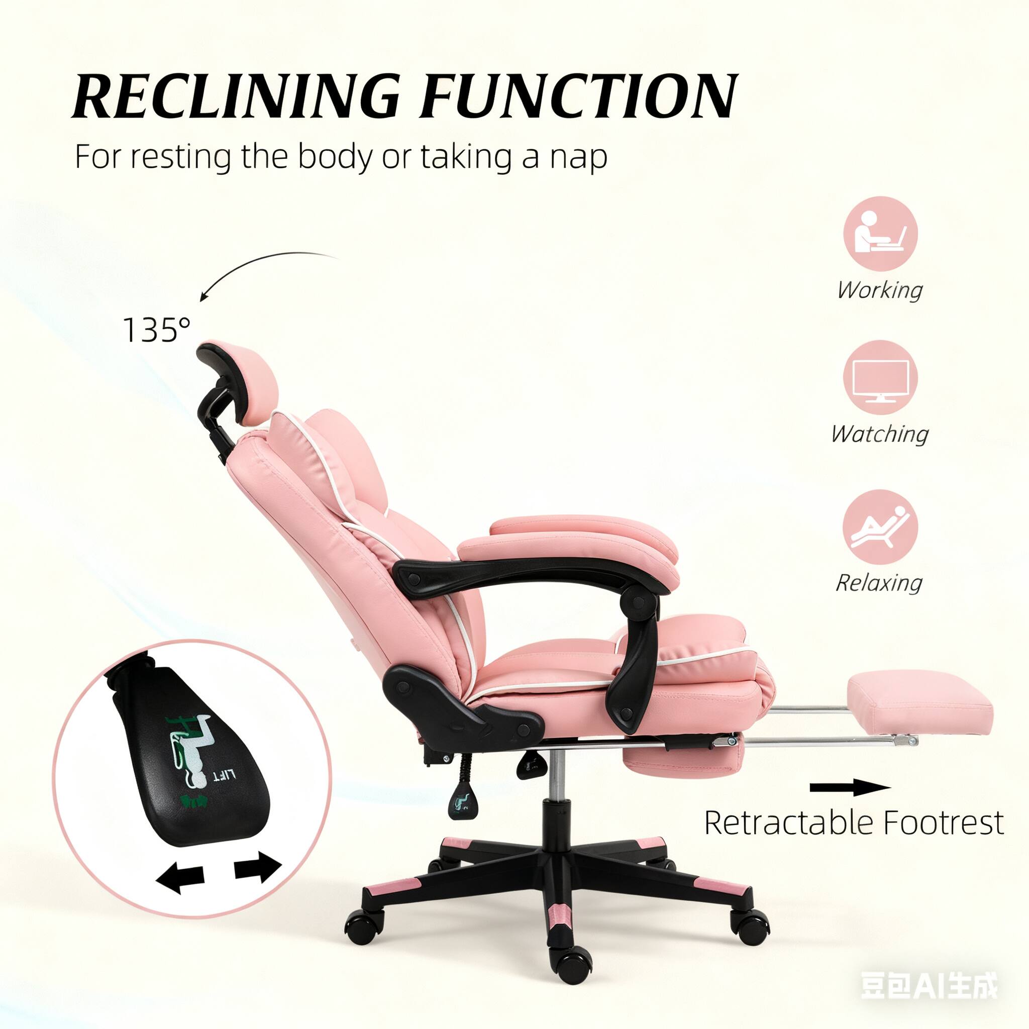 RECLINING FUNCTION  
For resting the body or taking a nap  

135°  

Working  
Watching  
Relaxing  

Retractable Footrest