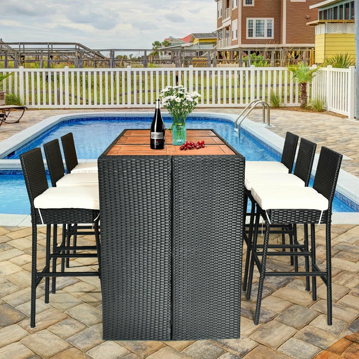 Alt View 4. Costway - 7 PCS Patio Rattan Wicker Bar Dining Furniture Set wood Table Top 6 Stools - Black (As Picture Shows).