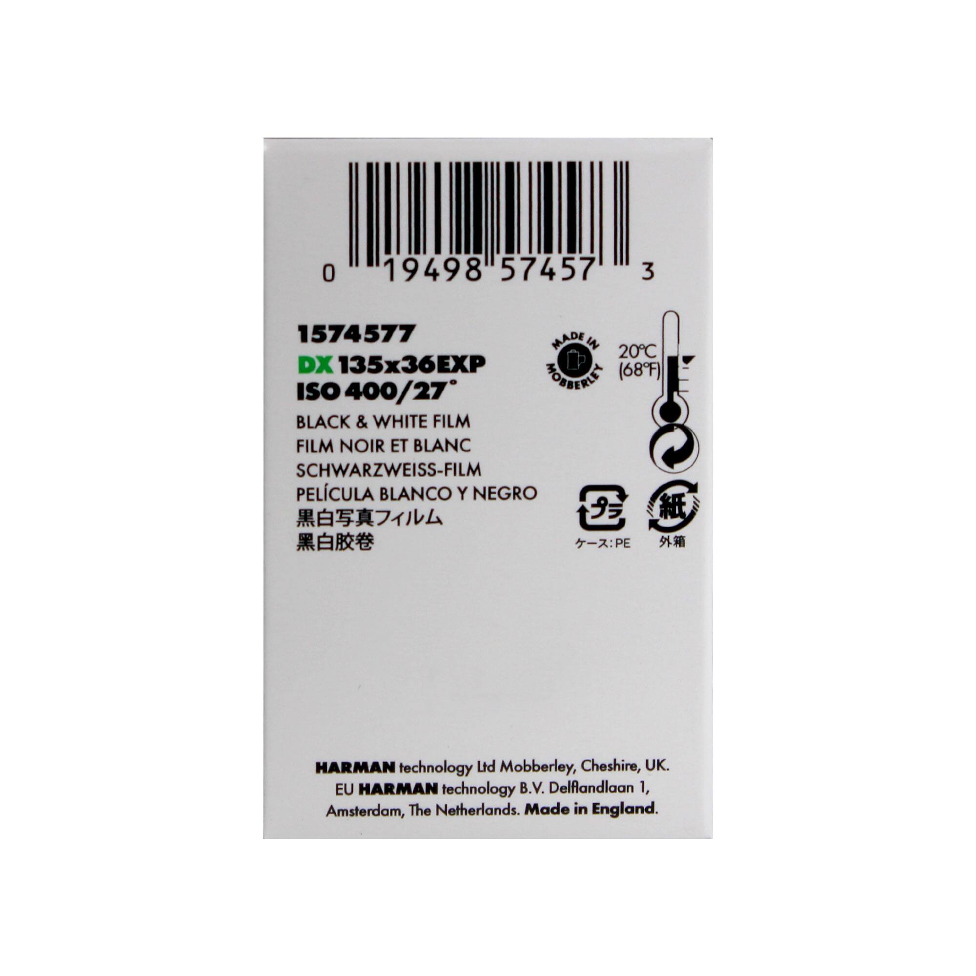 Sure, here is the corrected and grouped text from the image:

---

**Barcode and Numbers:**
- 0 19498 57457 3

**Film Details:**
- 1574577
- DX 135x36 EXP
- ISO 400/27°
- BLACK & WHITE FILM
- FILM NOIR ET BLANC
- SCHWARZWEISS-FILM
- PELICULA BLANCO Y NEGRO
- 黒白写真フィルム
- 黑白胶卷

**Temperature Indicator:**
- MADE IN 20°C (68°F)

**Manufacturing Information:**
- HARMAN technology Ltd, Mobberley, Cheshire, UK.
- EU HARMAN technology B.V., Delflandlaan 1, Amsterdam, The Netherlands.
- Made in England.

**Additional Text:**
- EGRO
- 紙
- ケース: PE
- 外箱

---