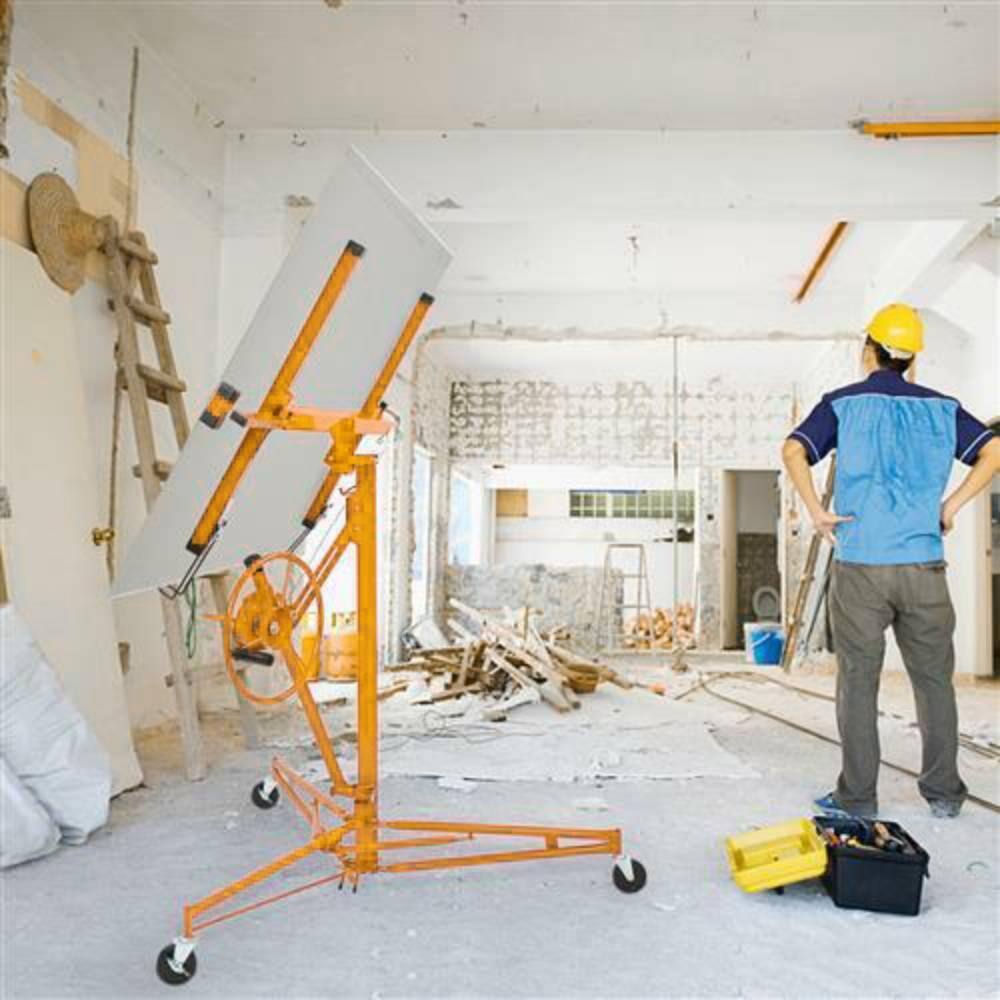 Back. Winado - 11FT Drywall Rolling Lifter Panel Hoist Jack with Lockable Casters & Tilting Cradle for Ceiling and Wall Installation - yellow.