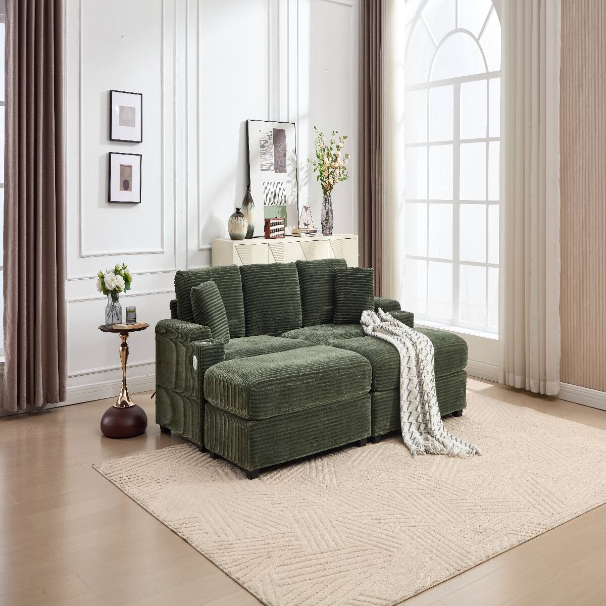 Angle. Ropilly - Ropilly Modular Sectional Sofa, Deep Seat Convertible Sofa Bed, Green Corduroy Upholstered 4 Seat Couch - Green.