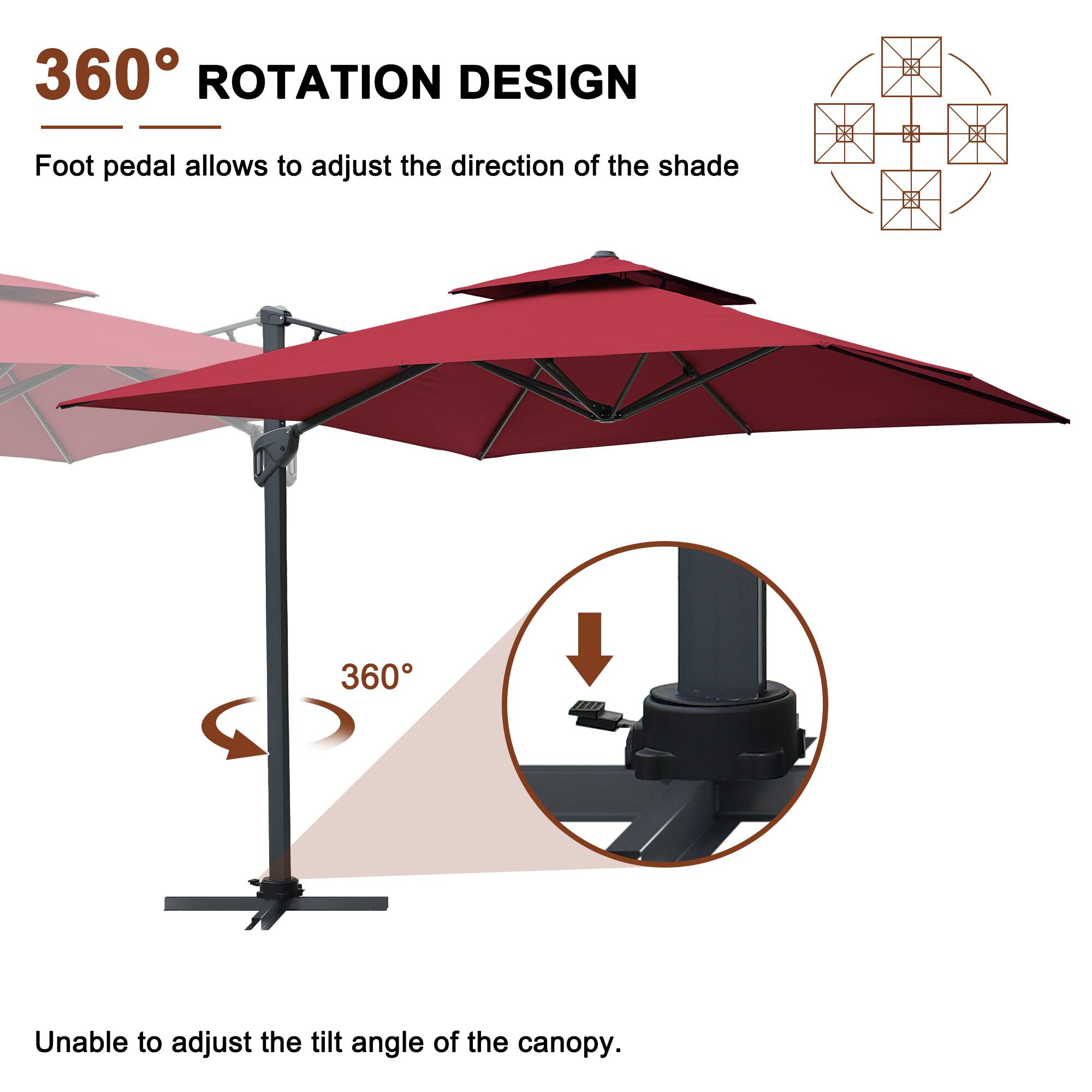 360° ROTATION DESIGN  
Foot pedal allows to adjust the direction of the shade  

Unable to adjust the tilt angle of the canopy.