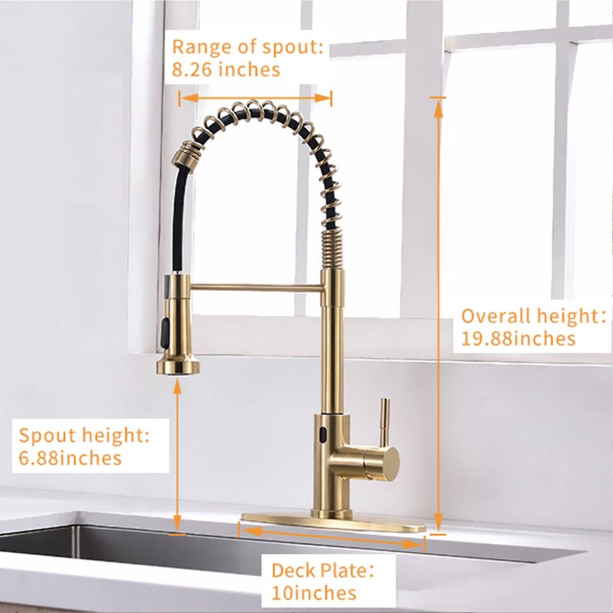 Range of spout: 8.26 inches  
Overall height: 19.88 inches  
Spout height: 6.88 inches  
Deck Plate: 10 inches