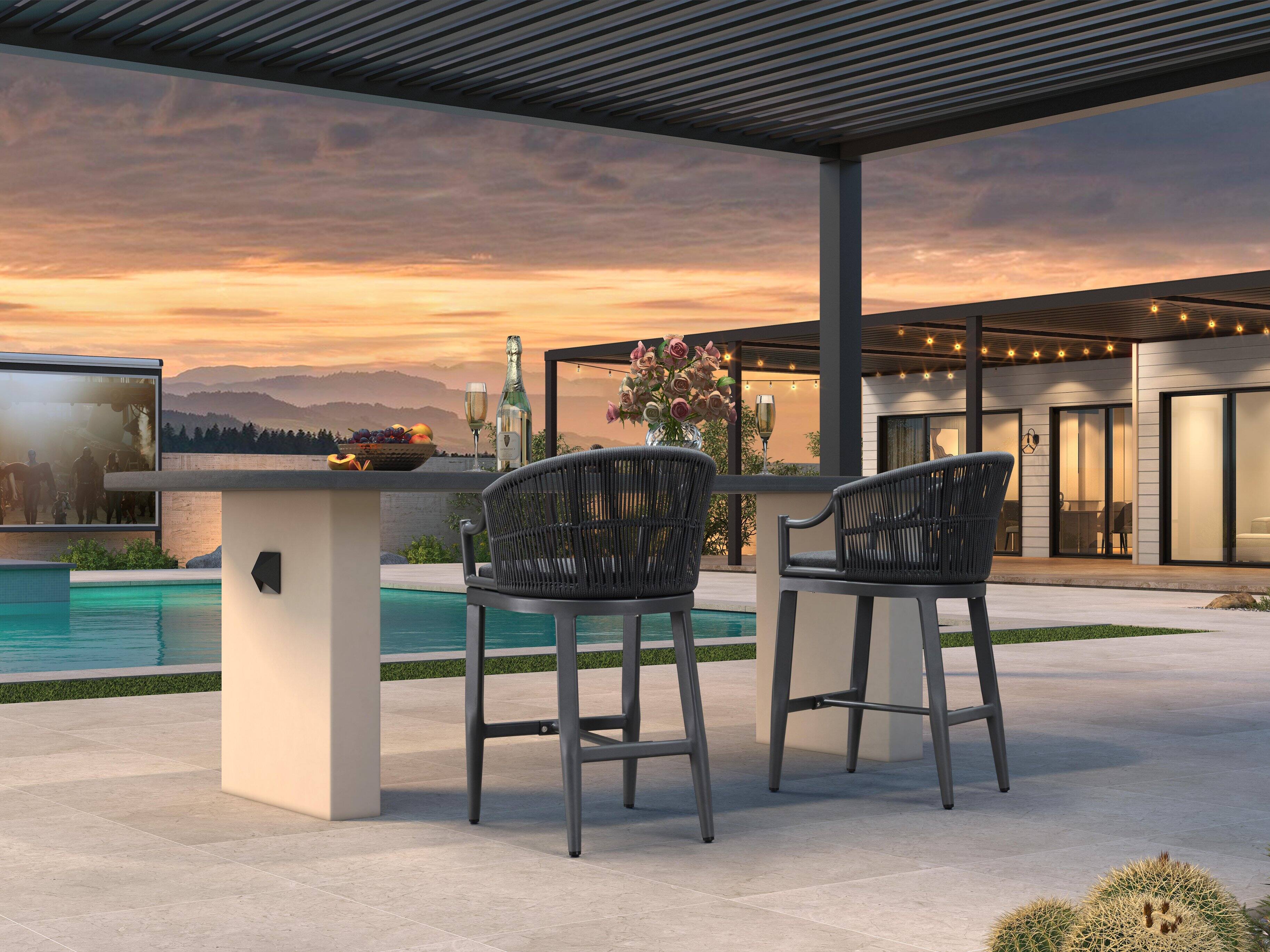 Alt View 2. PURPLE LEAF - Patio Counter Height Set of 2 Outdoor Rattan Chairs with Back Modern Aluminum Woven Barstools for Garden Indoor Kitchen - Grey-Counter Stool.