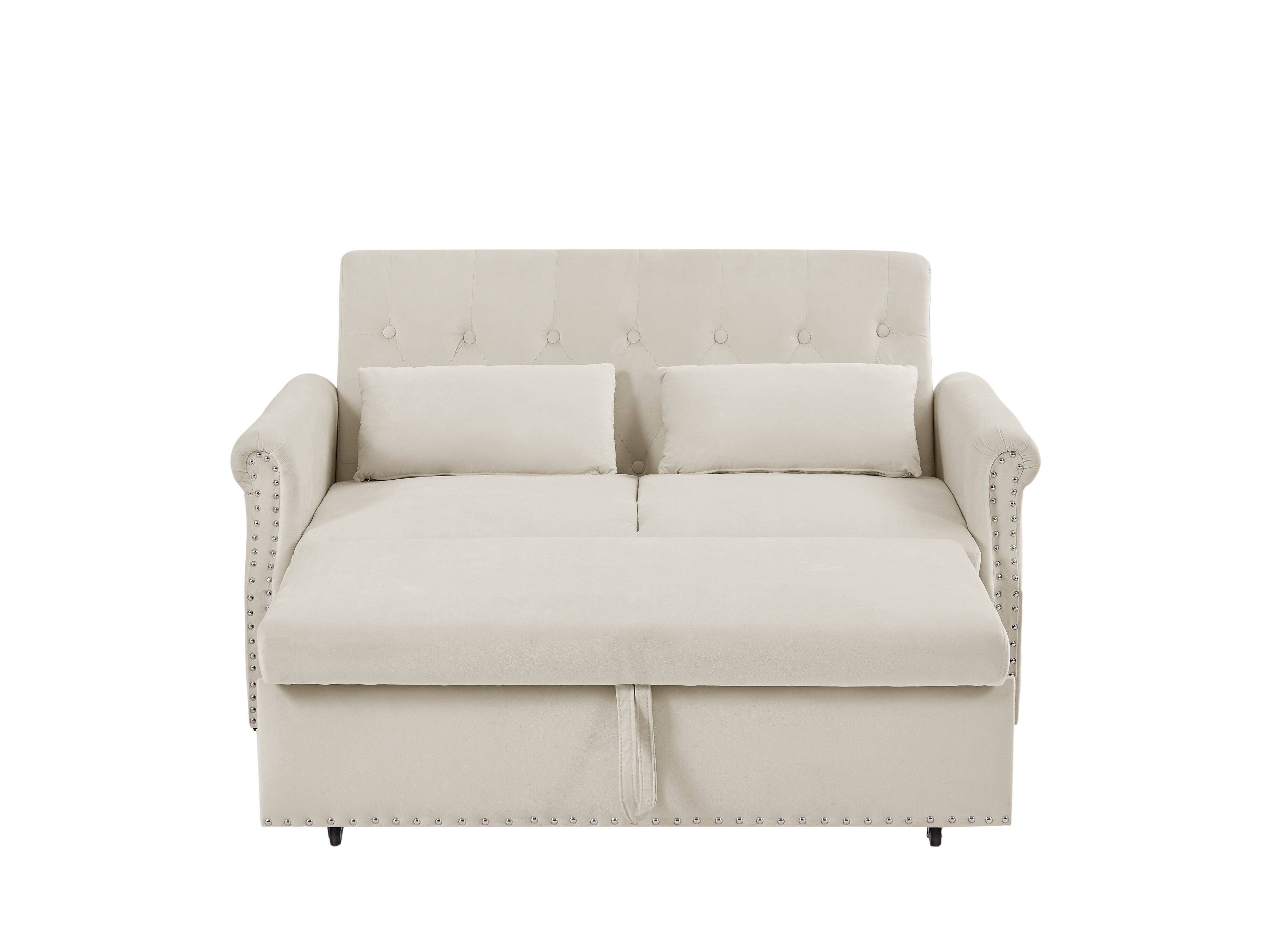 Alt View 6. Tiramisubest - Modern Velvet Convertible Loveseat Sleeper Sofa with 2 Lumbar Pillows,Adjustable Pull-Out Bed,Removable Armrest,Beige - Beige.