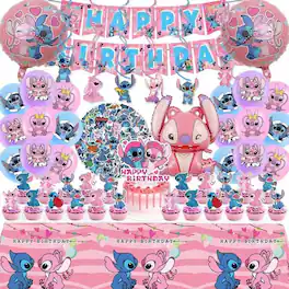 ESBANY - 103PCS Stitch Party Supplies Birthday Decorations Set Include Banner, Balloons, Stickers, Hanging Swirls, Cake Cupcake - Pink