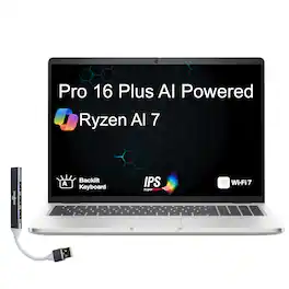 Dell - Pro 16 Plus Laptop 16.0 WUXGA Display (Ryzen AI 7 350, 32GB, 1TB SSD, AMD Radeon 860M, Win 11 Pro) w/USB Hub - Platinum Silver