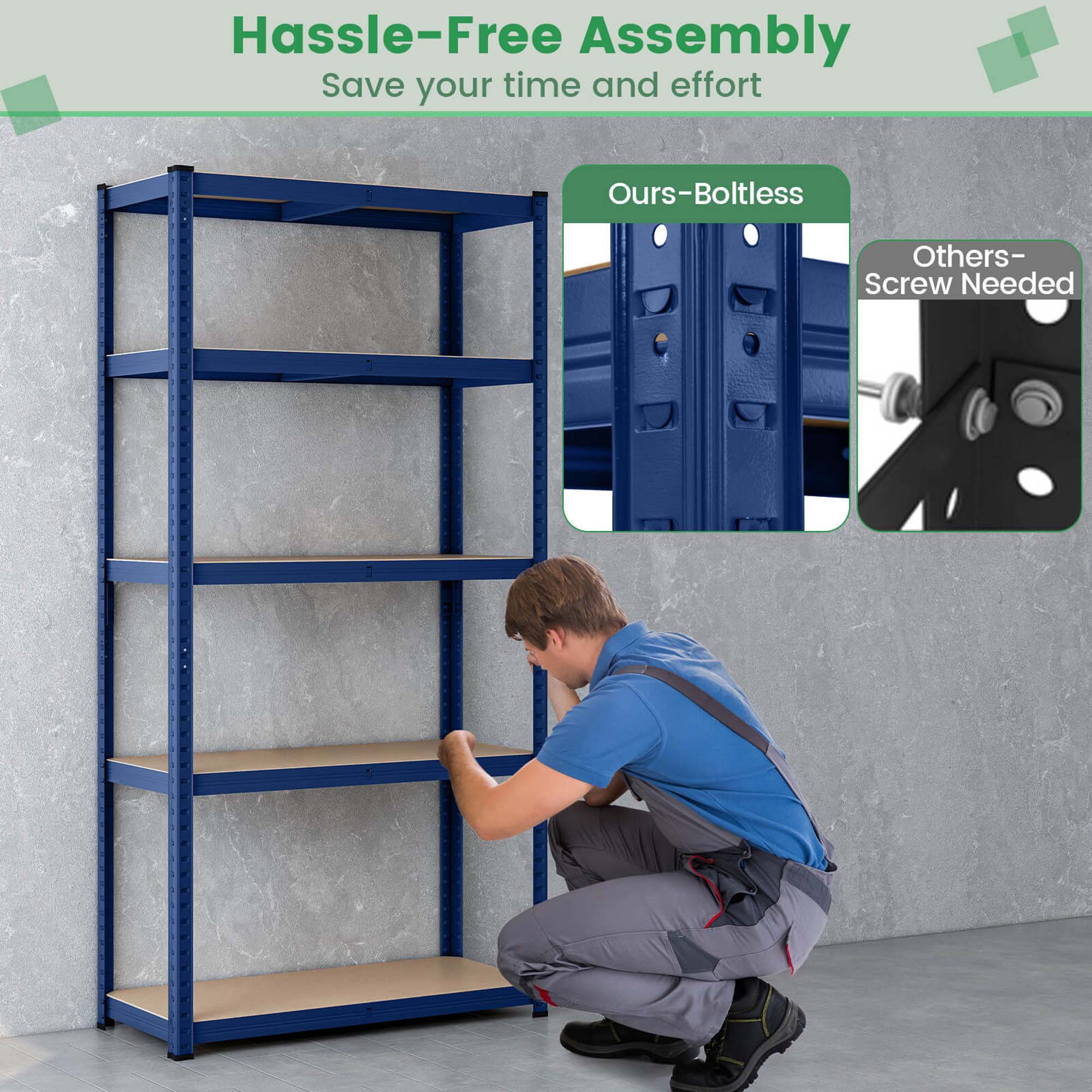 Hassle-Free Assembly  
Save your time and effort  

Ours—Boltless  
Others—Screw Needed