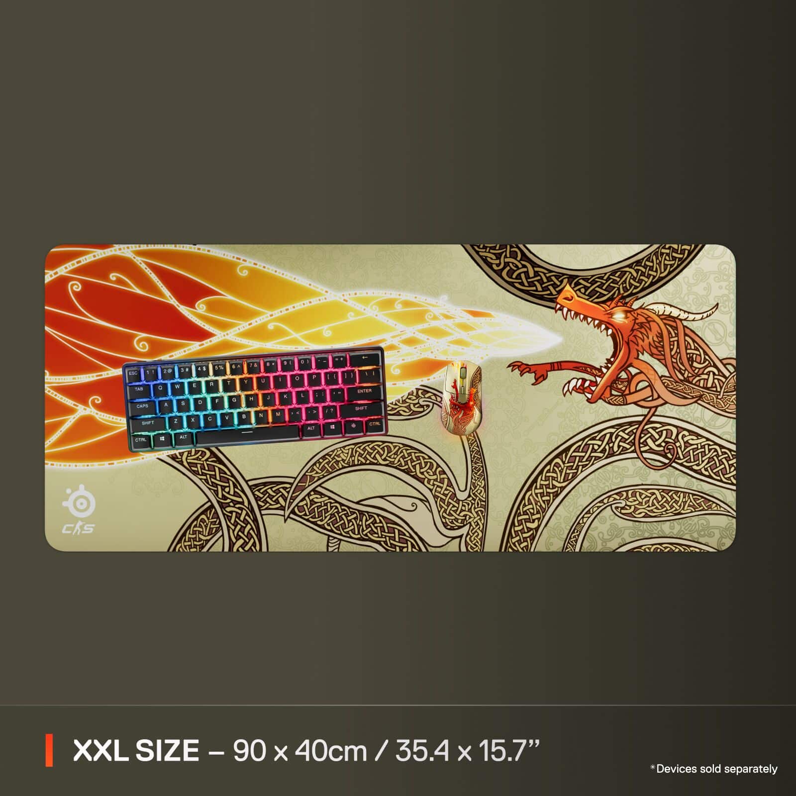 The text on the image reads: "XL SIZE - 90 X 40cm / 35.4 X 15.7" and "Devices sold separately."