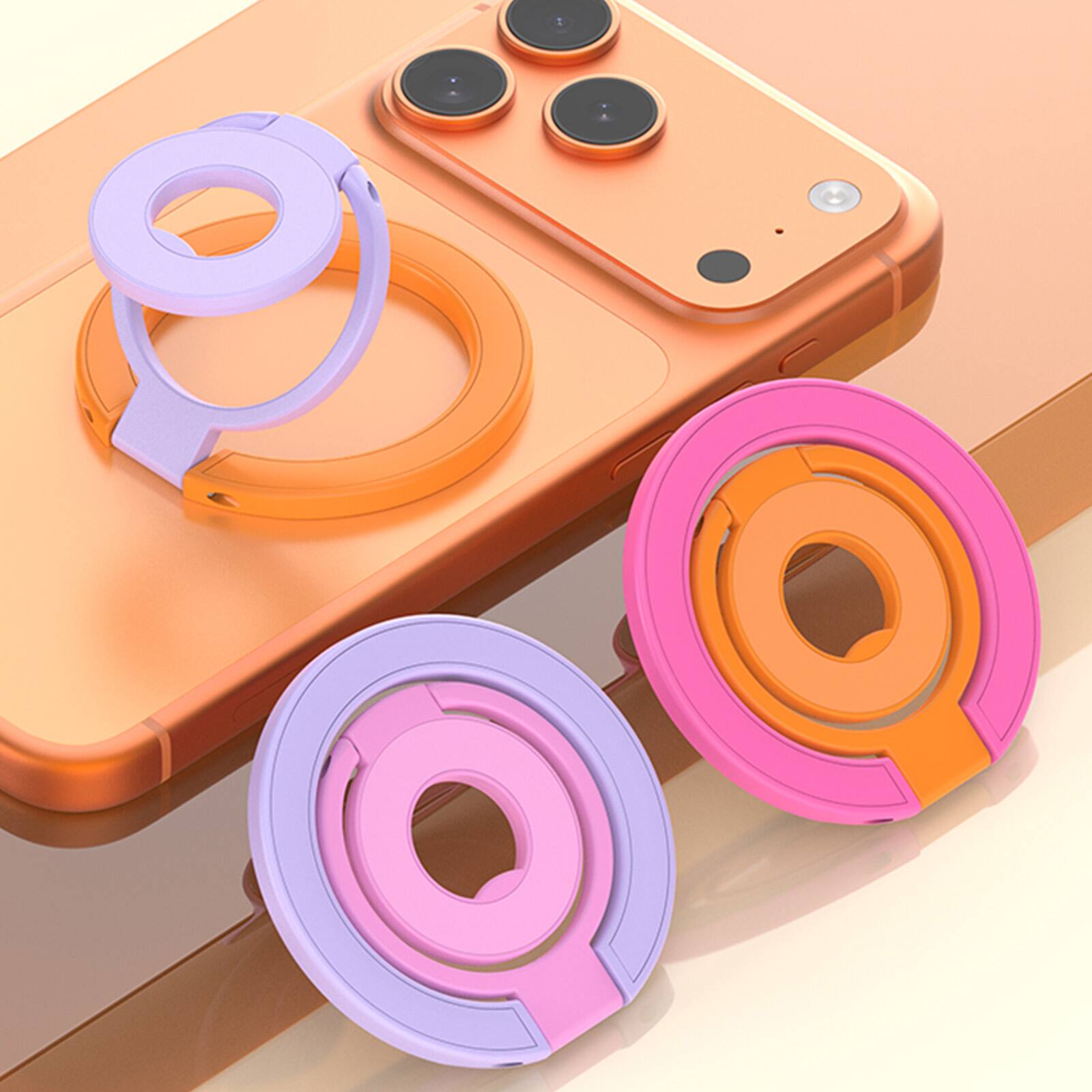 Alt View 6. Dteck - Double-sided Mag Safe Magnetic Ring Stand for Apple iPhone 17 Pro Max,Triple Fold Phone Holder 360° Rotating Kickstand - Orange+Purple.