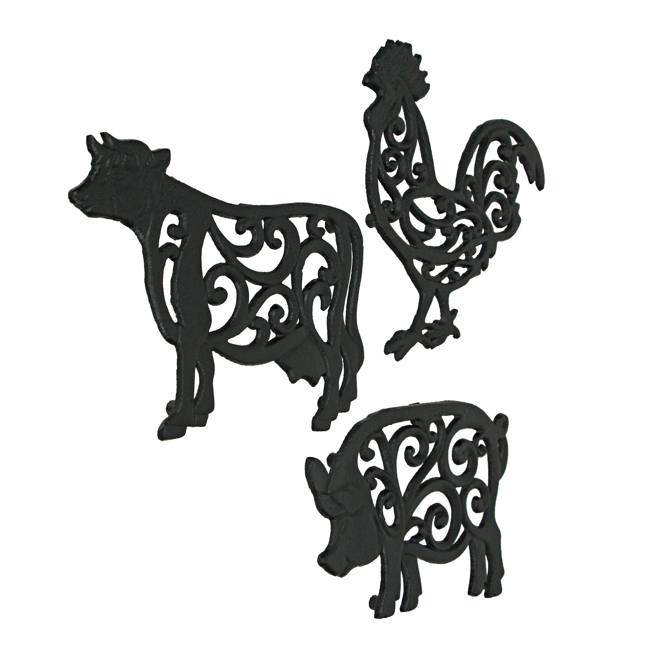 Alt View 1. Zeckos - Set of 3 Black Cast Iron Farm Animal Kitchen Trivets Decorative Wall Hanging Art - Black.