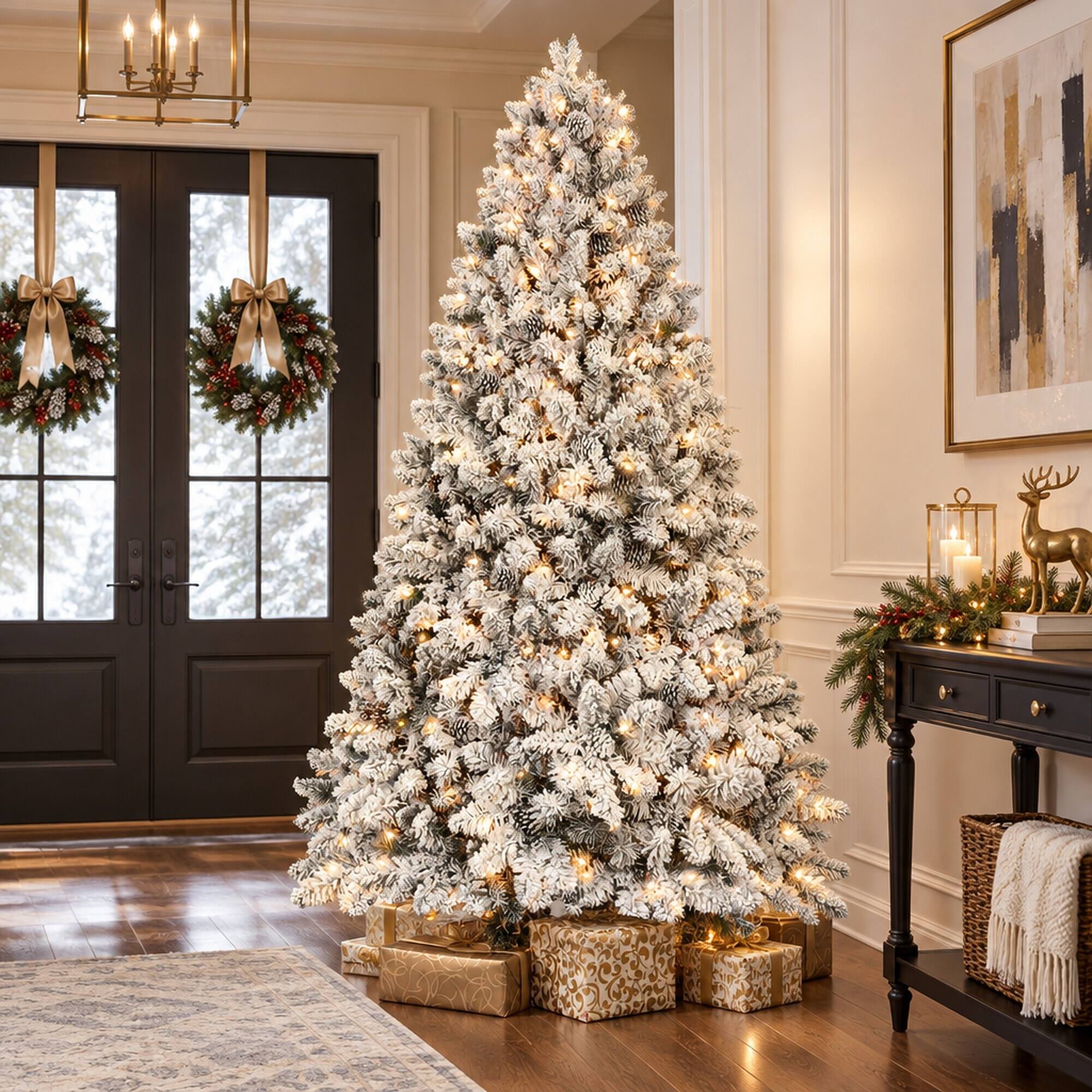 Alt View 2. RYHNUYNE - 4.5FT Flocked Pre-Lit Christmas Tree With 250 Lights and 24 Pine Cones, 498 Snowy Tips and Metal Stand - Green,White.