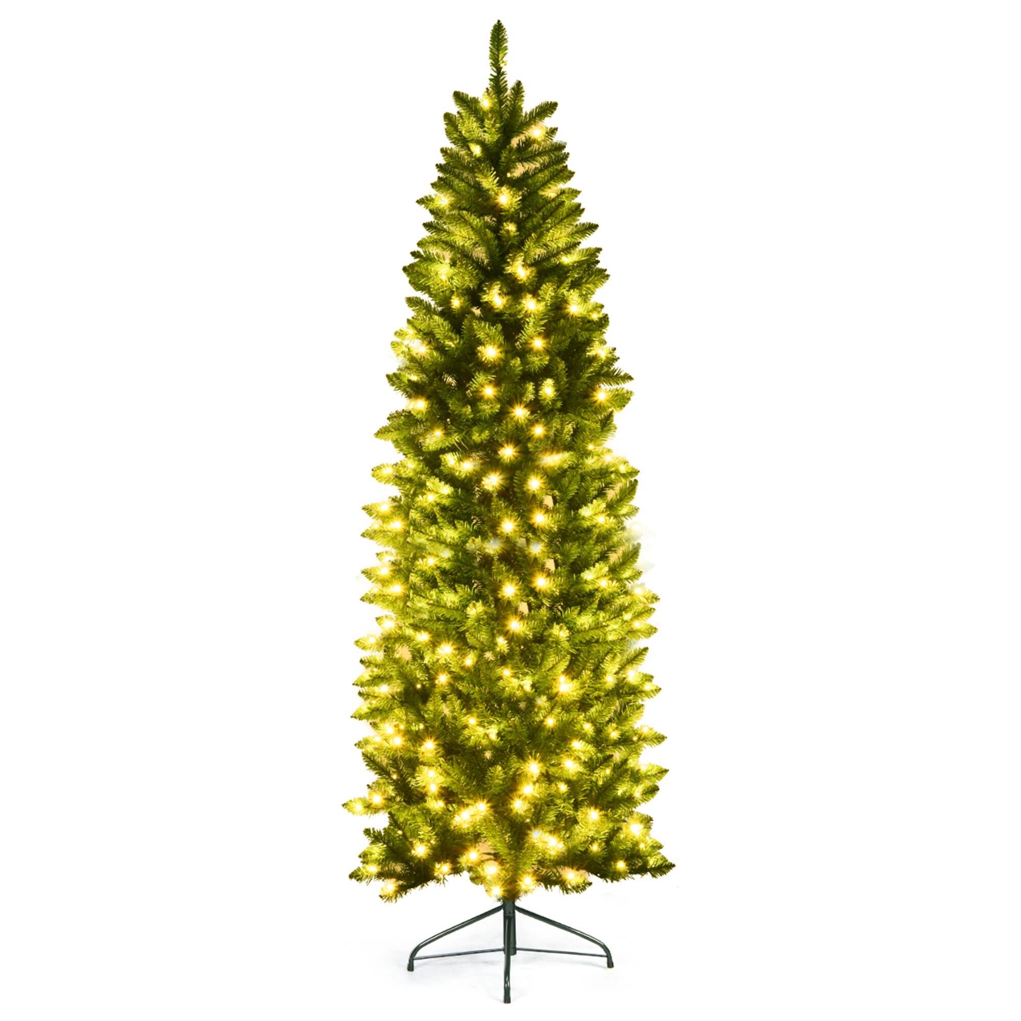 Alt View 5. Gymax - Gymax 7 ft Pre-lit Pencil Christmas Tree Hinged Fir Tree Holiday Decor w/ LED Lights - Green.