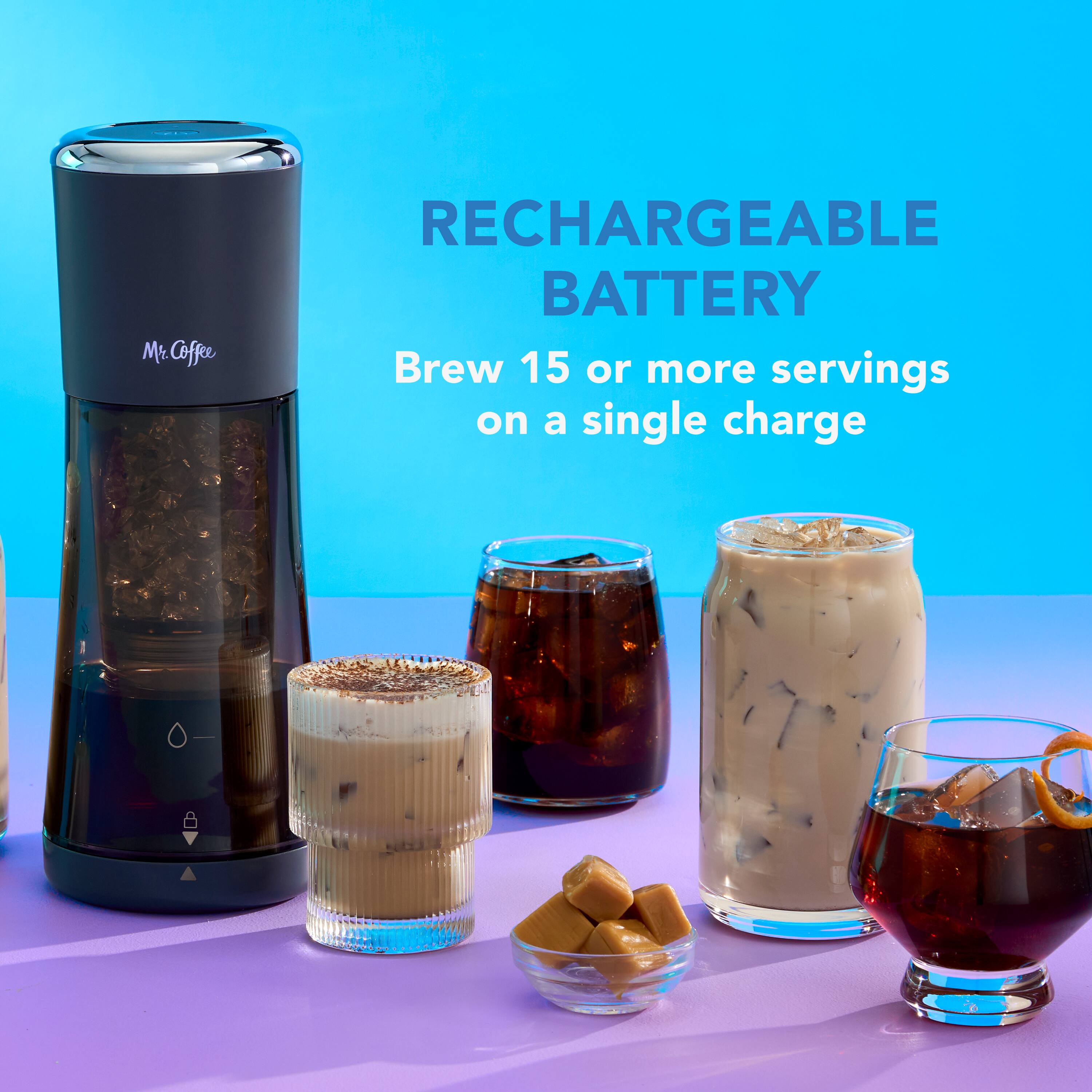 Mr. Coffee RECHARGEABLE BATTERY  
Brew 15 or more servings on a single charge