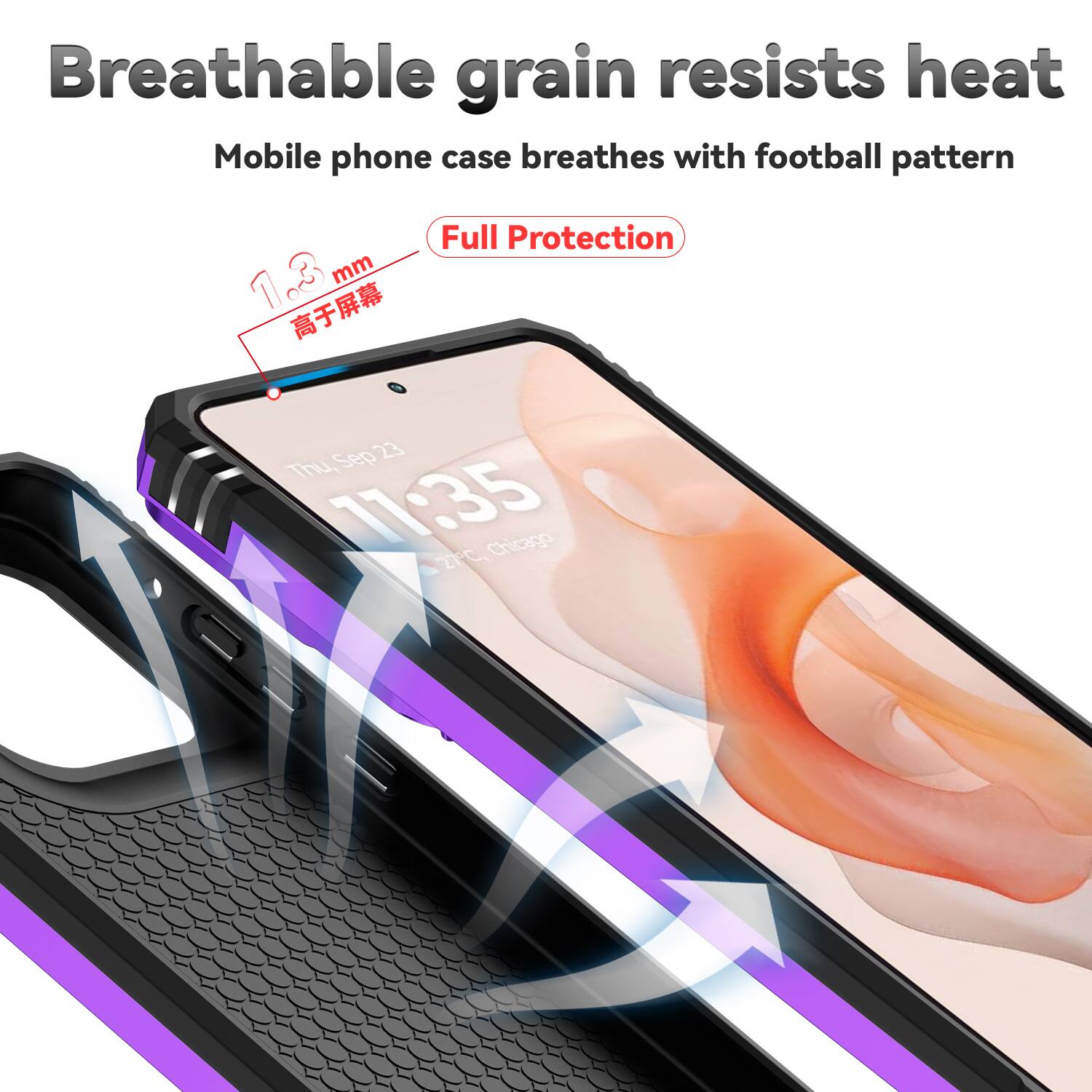 Breathable grain resists heat  
Mobile phone case breathes with football pattern  
1.3 mm  
Full Protection  
Sep 23 Thu, 11:35  
2PC Chicago