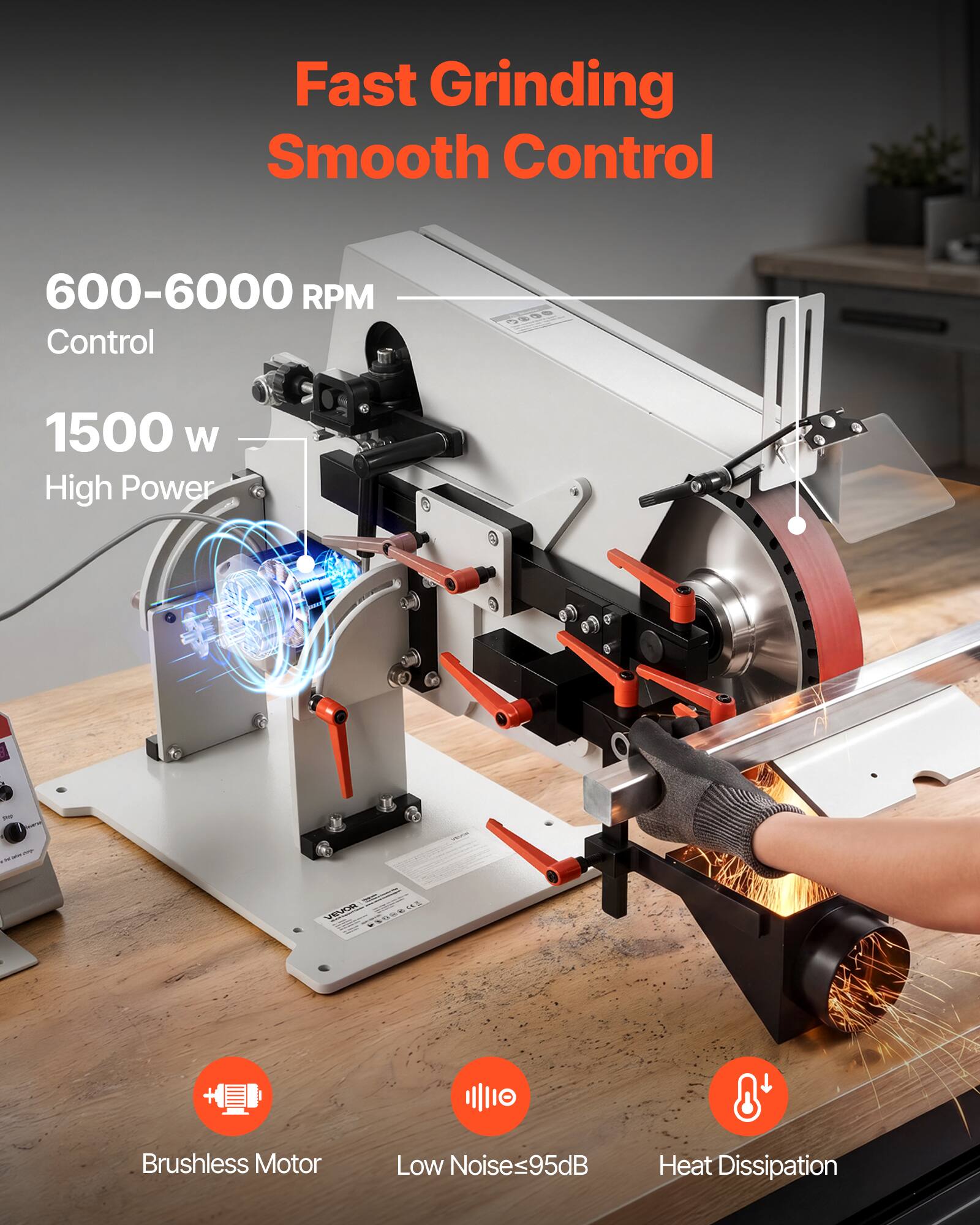 Fast Grinding Smooth Control

600-6000 RPM Control

1500 W High Power

Brushless Motor

Low Noise <95dB

Heat Dissipation