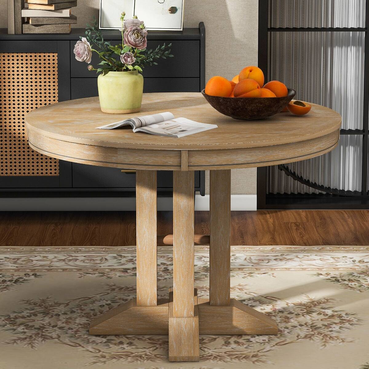 Loheer Extendable Round Dining Table Natural Wood Finish for Kitchen ...