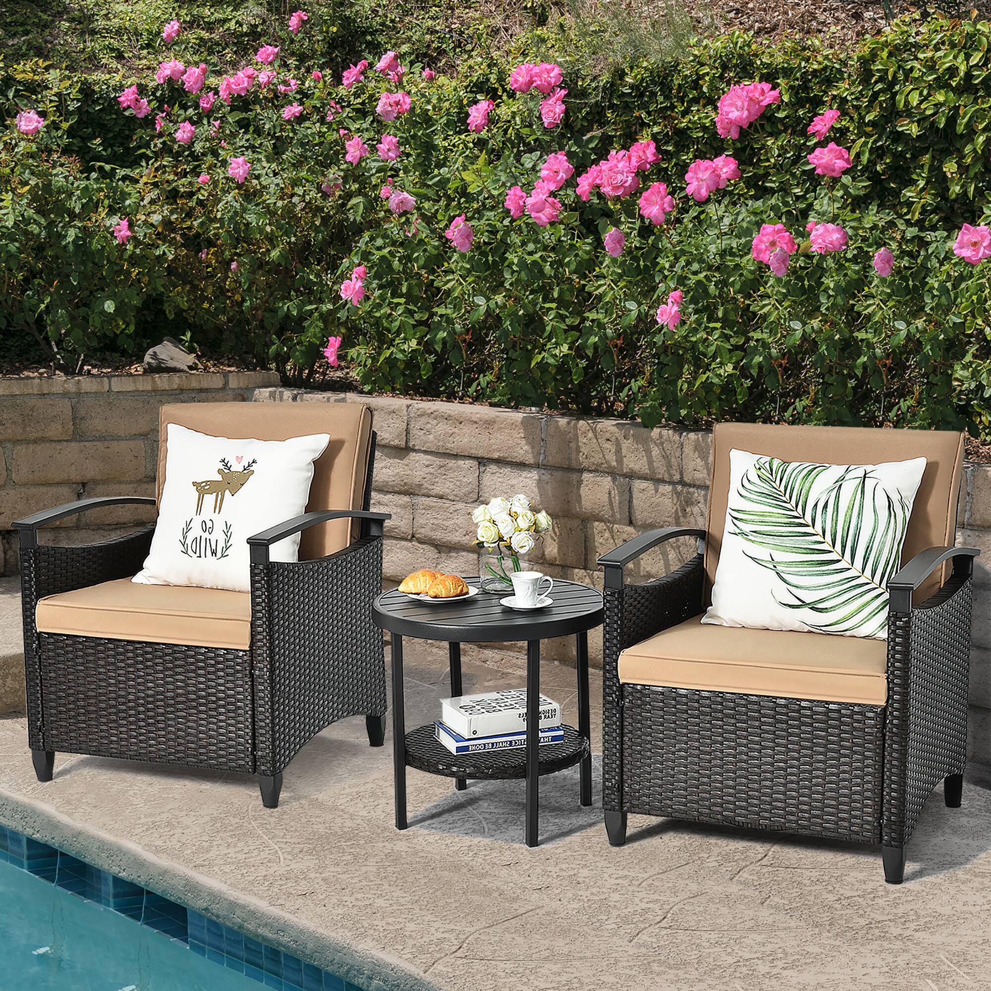 Alt View 2. Costway - Costway 3PCS Patio Rattan Furniture Set Cushioned Sofa Storage Table W/ Shelf Garden - Brown.