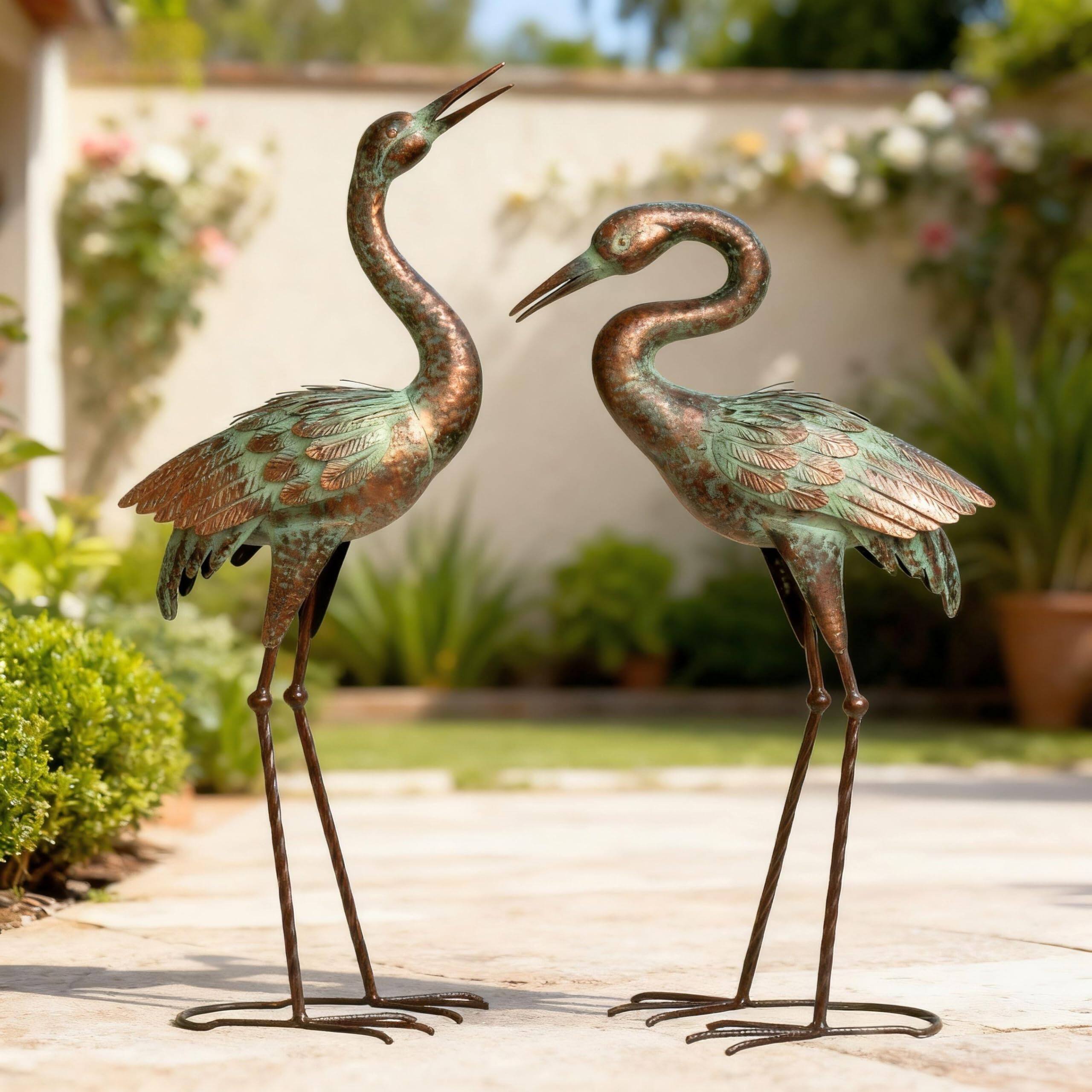 Alt View 3. Refined Abode Design - Garden Crane Statues Blue Heron Sculptures For Outdoor Cranes Decor Metal Bird Patina Art Lawn Ornaments Yard.
