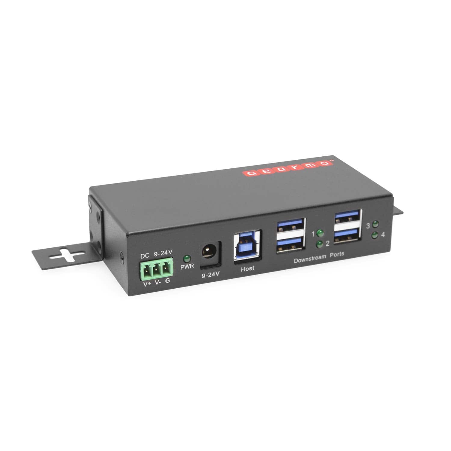 Gearmo - 4-Port USB 3.2 Gen 1 Hub - 5Gbps - Surge Protection - Surface & DIN Rail Mountable - Includes Power Supply - Black