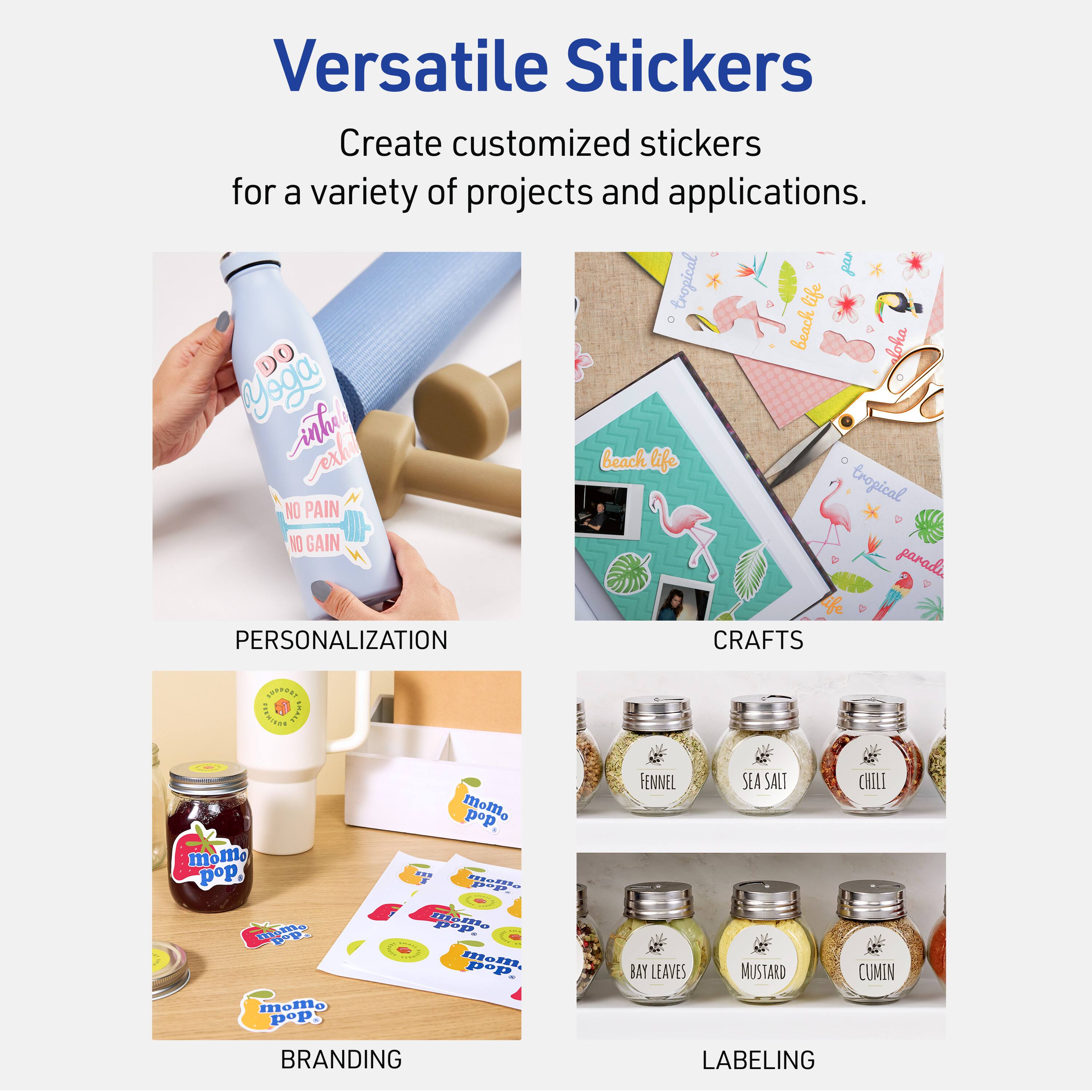 Versatile Stickers

Create customized stickers for a variety of projects and applications.

- PERSONALIZATION
- CRAFTS
- BRANDING
- LABELING

tropical life  
beach sloha  
DO Yoga  
inhi exh beach life  
tropical  
NO PAIN VO GAIN  
paradu  
PERSONALIZATION  
CRAFTS  
LOTANS  
PEERIERE  
LABIE  
mome pop  
Mto Bp  
mello pop  
3D  
2IDD  
1R  
mom, pep  
FENNEL  
BAY LEAVES  
SEA SALT  
MUSTARD  
CHILI  
CUMIN  
molo pop  
BRANDING  
LABELING