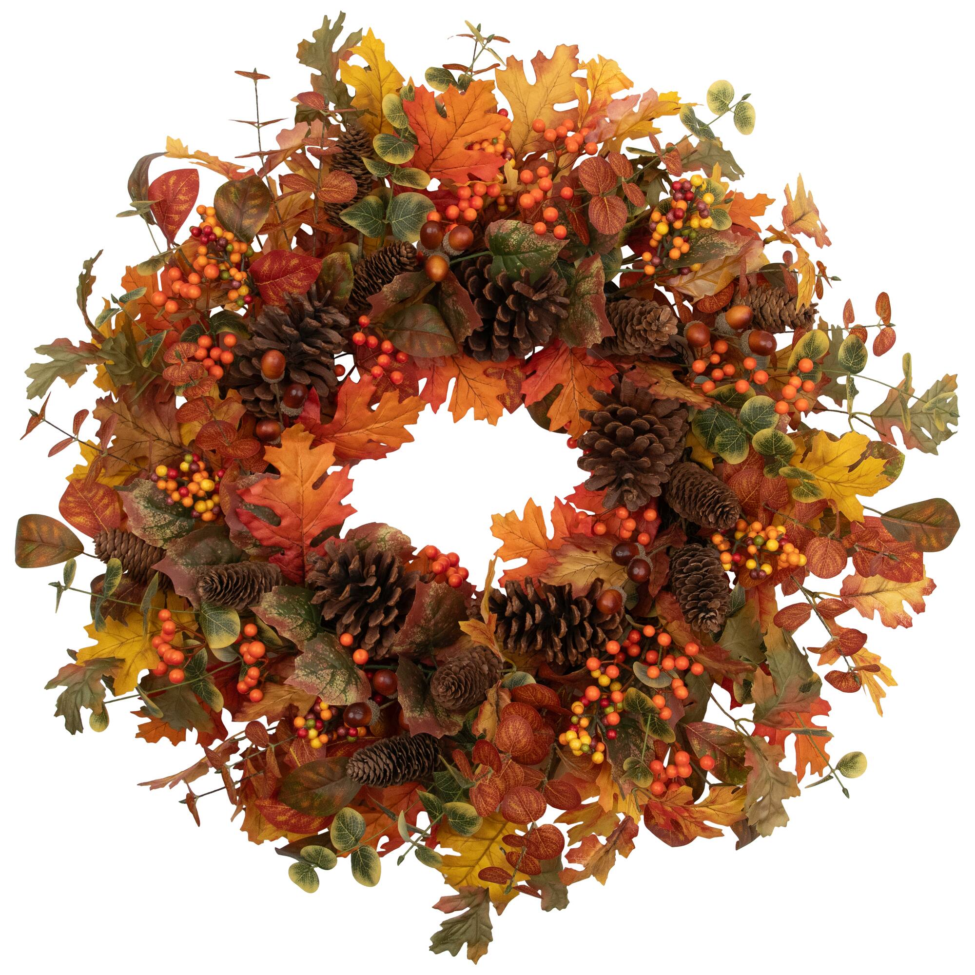 Alt View 1. Northlight - Eucalyptus, Maple Leaves and Acorns Artificial Fall Harvest Wreath - 30" - Orange.