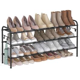Songmics Home - Shoe Rack, 3-Tier Shoe Organizer, Metal Shoe Shelf Storage with 4 Side Hooks, Holds 18 Pairs of Shoes, Height-Adjustable - Ink Black