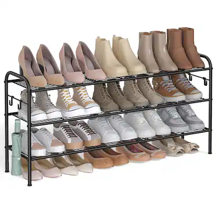 Front. Songmics Home - Shoe Rack, 3-Tier Shoe Organizer, Metal Shoe Shelf Storage with 4 Side Hooks, Holds 18 Pairs of Shoes, Height-Adjustable - Ink Black.