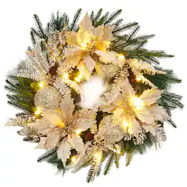 Acekool - 24 Inch Pre-Lit Christmas Wreath with 20 LED Lights 8 Lighting Modes Timer for Front Door Wall Mantel - Gold