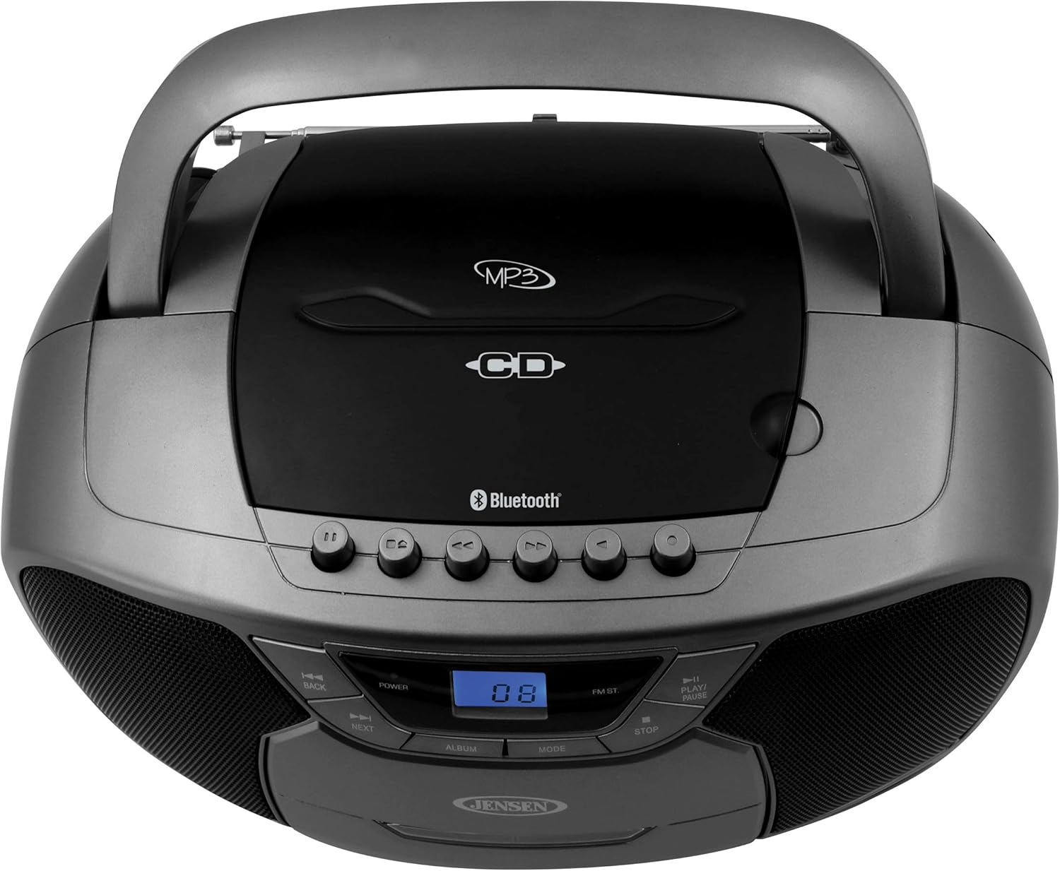 MP3 CD * Bluetooth 11 S H BACK POWER NEXT 08 ALBUM MODE FMST STOP PLAY PAUSE JENSEN