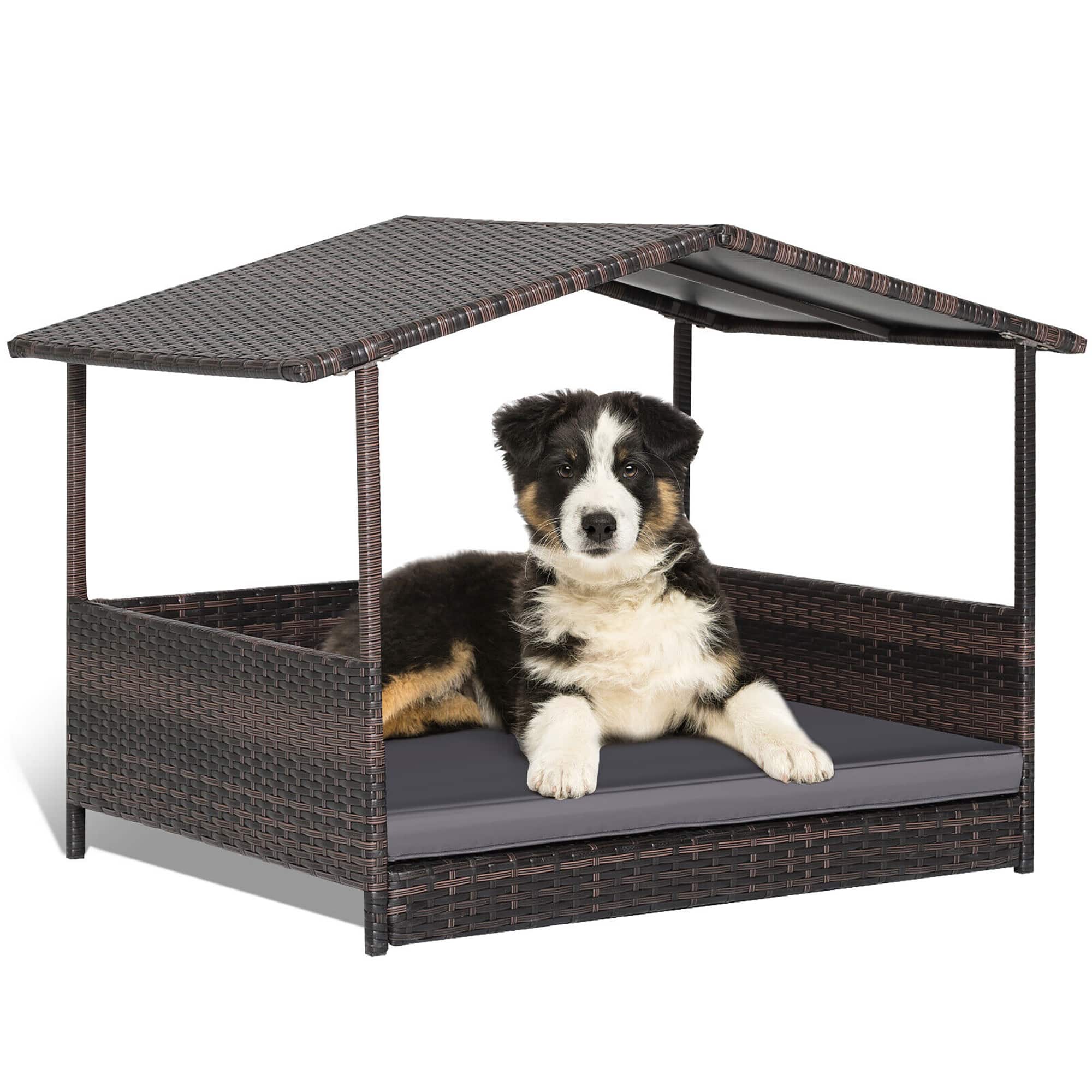 Gymax - Wicker Dog House w/ Cushion Lounge Raised Rattan Bed for Indoor/Outdoor Grey