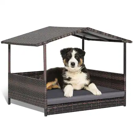 Front. Gymax - Gymax Wicker Dog House w/ Cushion Lounge Raised Rattan Bed for Indoor/Outdoor Grey.