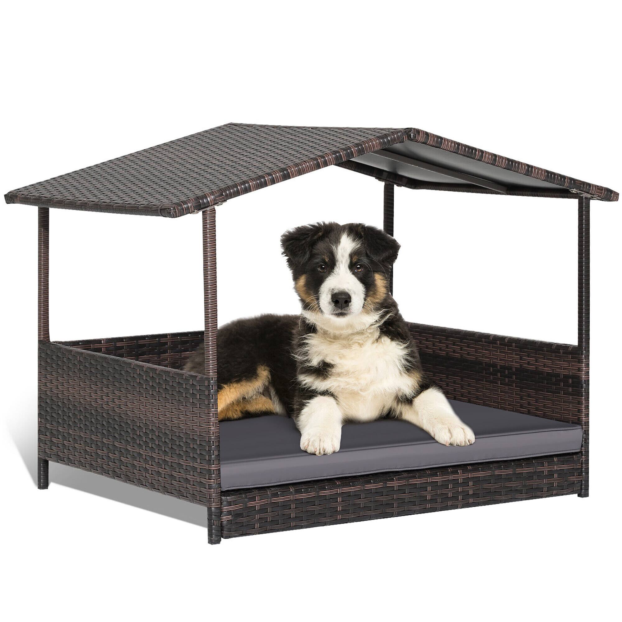 Front. Gymax - Gymax Wicker Dog House w/ Cushion Lounge Raised Rattan Bed for Indoor/Outdoor Grey.