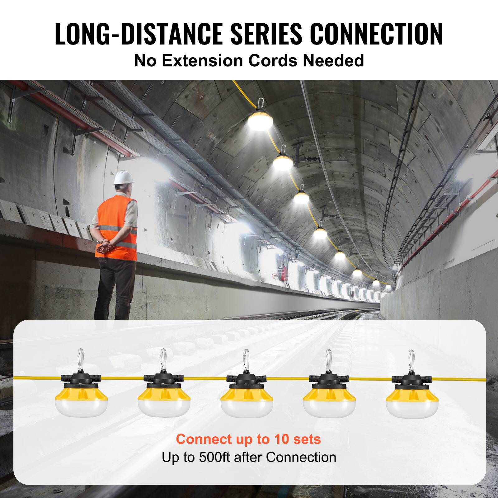 LONG-DISTANCE SERIES CONNECTION  
No Extension Cords Needed  

Connect up to 10 sets  
Up to 500ft after Connection