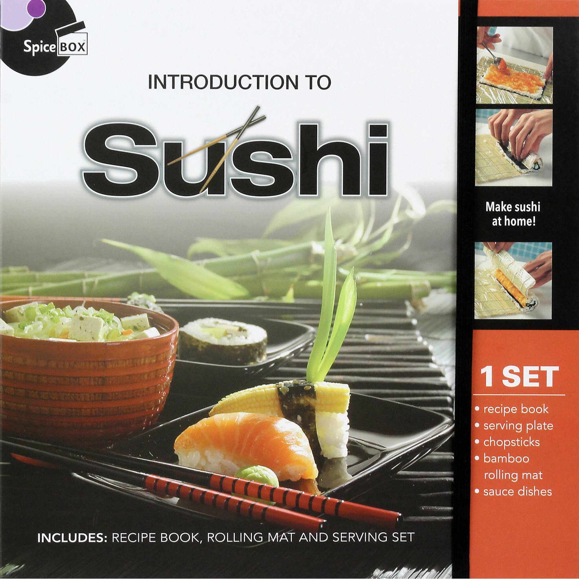 Spice Box Introduction to Sushi: Make sushi at home! 1 SET includes recipe book, serving plate, chopsticks, bamboo rolling mat, and sauce dishes.