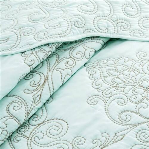 Alt View 1. Hivvago - Queen size Light Blue Damask Embroidered 4 Piece Oversized Bedspread Set - Light Blue.