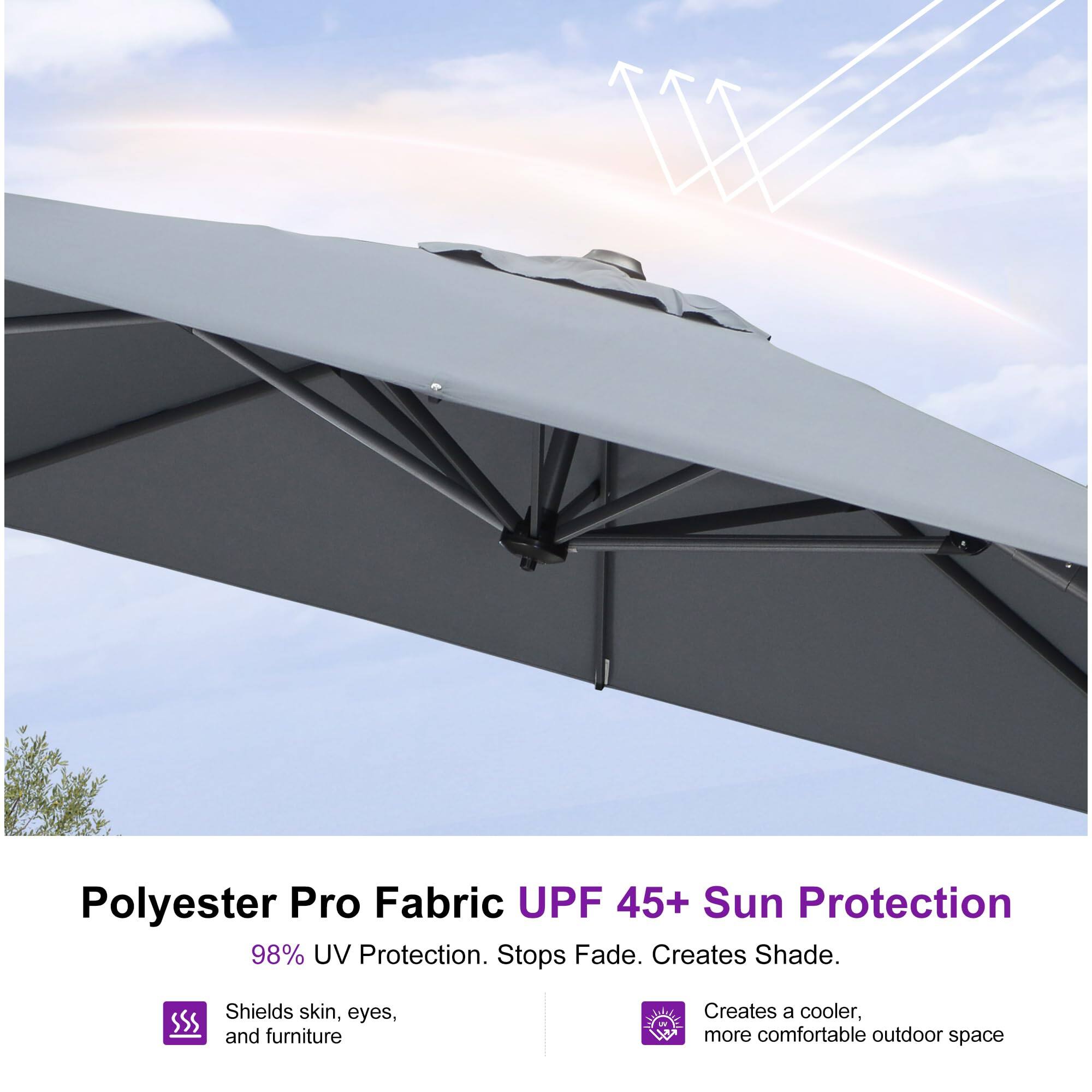 Polyester Pro Fabric UPF 45+ Sun Protection

98% UV Protection. Stops Fade. Creates Shade.

- Shields skin, eyes, and furniture
- Creates a cooler, more comfortable outdoor space