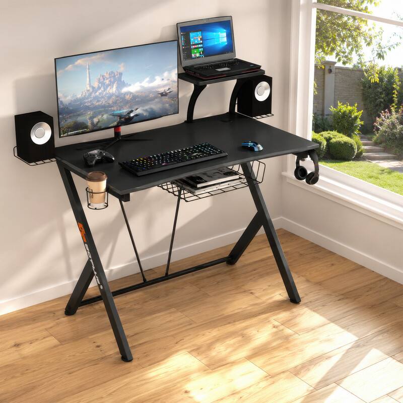 Alt View 3. WELLFOR - 42" Gaming Desk with with Headset Hook and Cup Holder, Modern  Ergonomic Computer Desk with Monitor Shelf - Black.