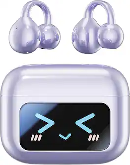 SKRAN - Open Ear Clip Headphones Wireless Earbuds - Bluetooth 5.4 Earphones with Wireless LED Touch Screen for Runners, Fitness - Purple