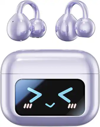 Front. SKRAN - Open Ear Clip Headphones Wireless Earbuds - Bluetooth 5.4 Earphones with Wireless LED Touch Screen for Runners, Fitness - Purple.