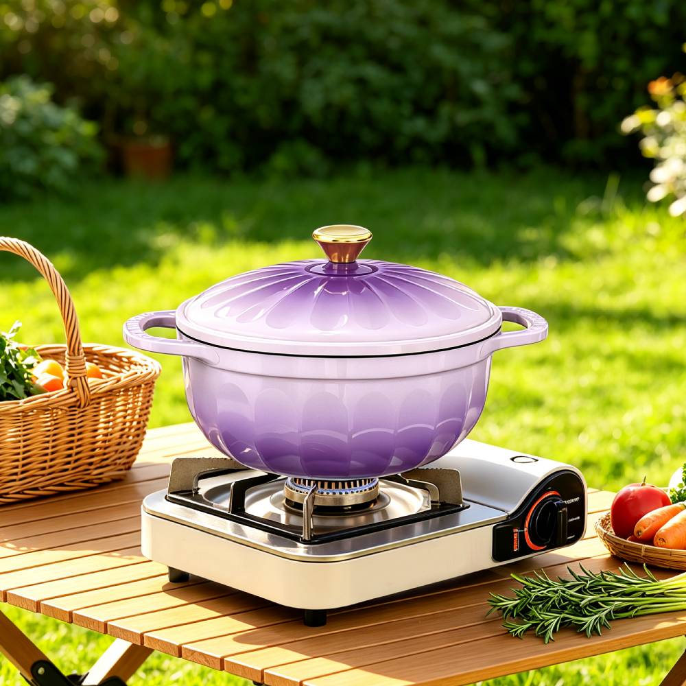 Alt View 9. Winado - 5 QT Enameled Cast Iron Dutch Oven with Gradient Petal Texture,Heat-Resistant Gloves, Pot Mat for Bread Baking, Roasting - Purple.
