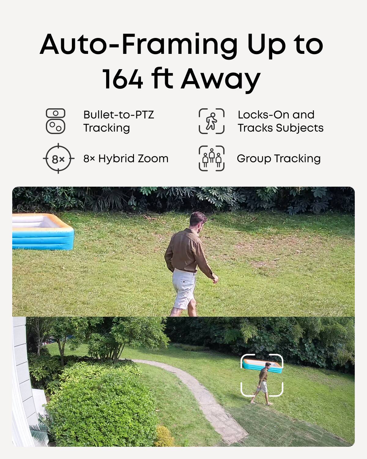 Auto-Framing Up to 164 ft Away

- Bullet-to-PTZ Tracking
- Locks-On and Tracks Subjects
- 8x Hybrid Zoom
- Group Tracking