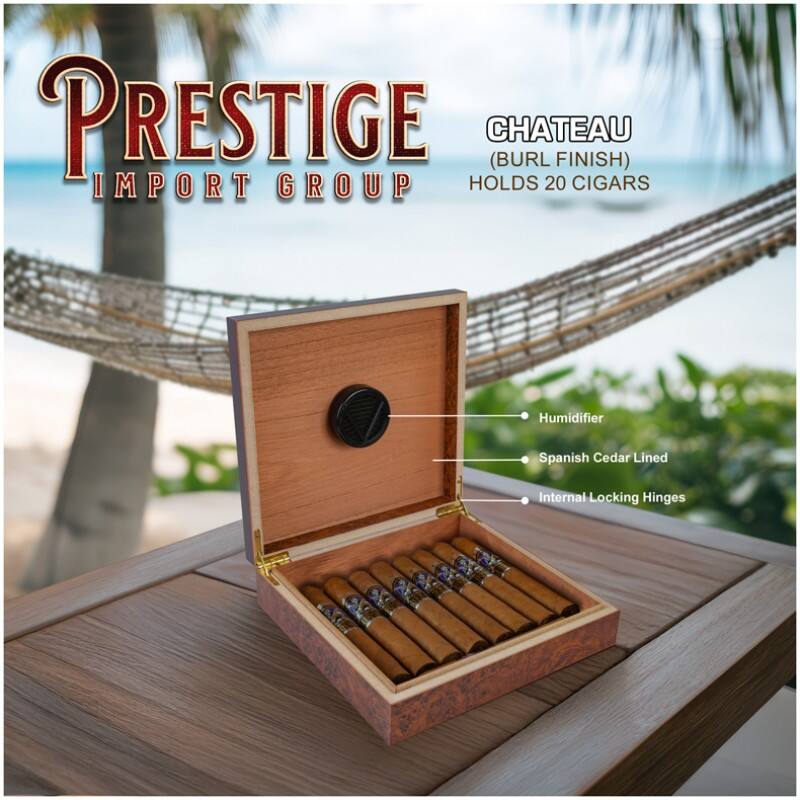 PRESTIGE IMPORT GROUP

CHATEAU (BURL FINISH) HOLDS 20 CIGARS

- Humidifier
- Spanish Cedar Lined
- Internal Locking Hinges