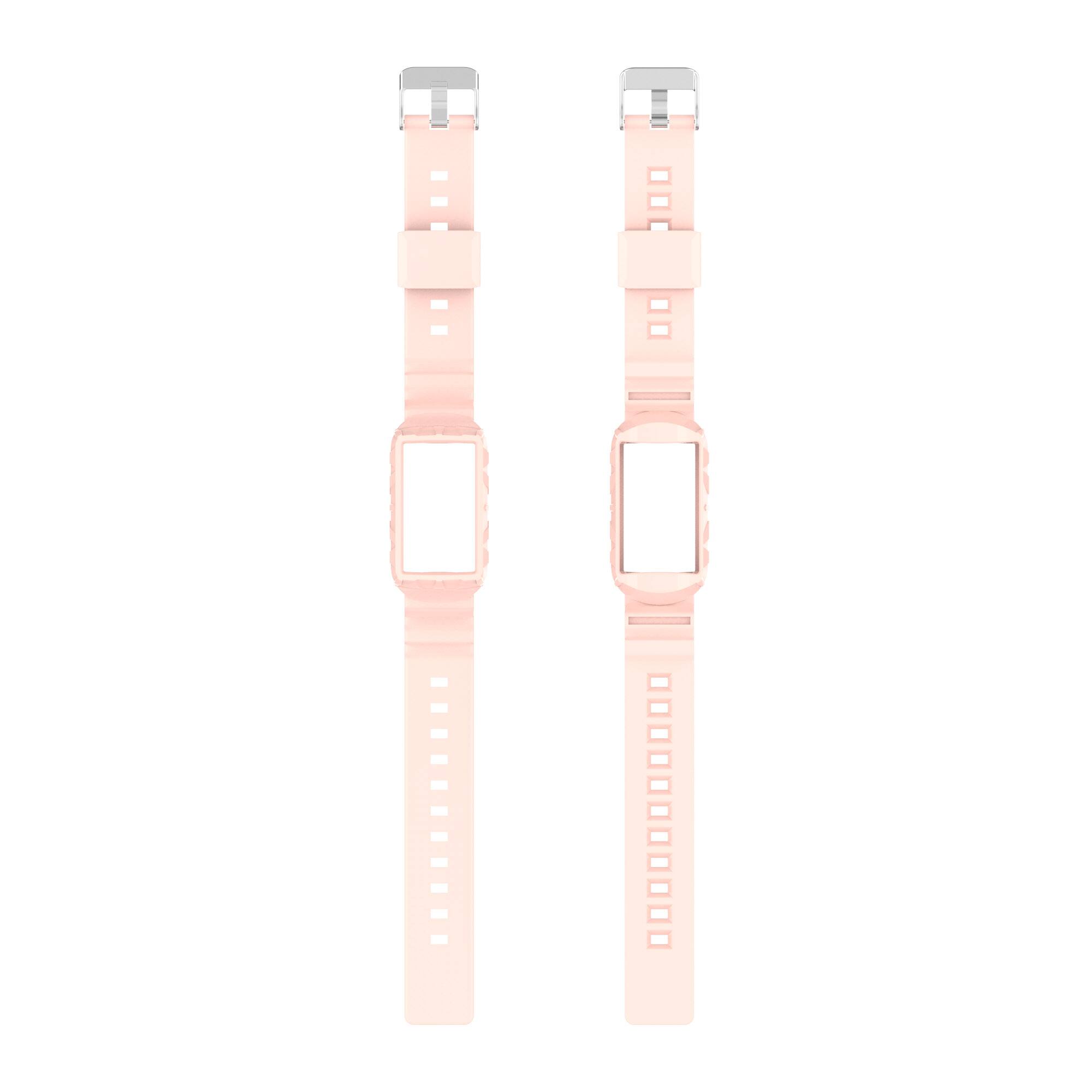 Left. StrapsCo - Rugged Rubber Case Strap Silicone Watch Band For Fitbit Charge 6 - Soft Pink.